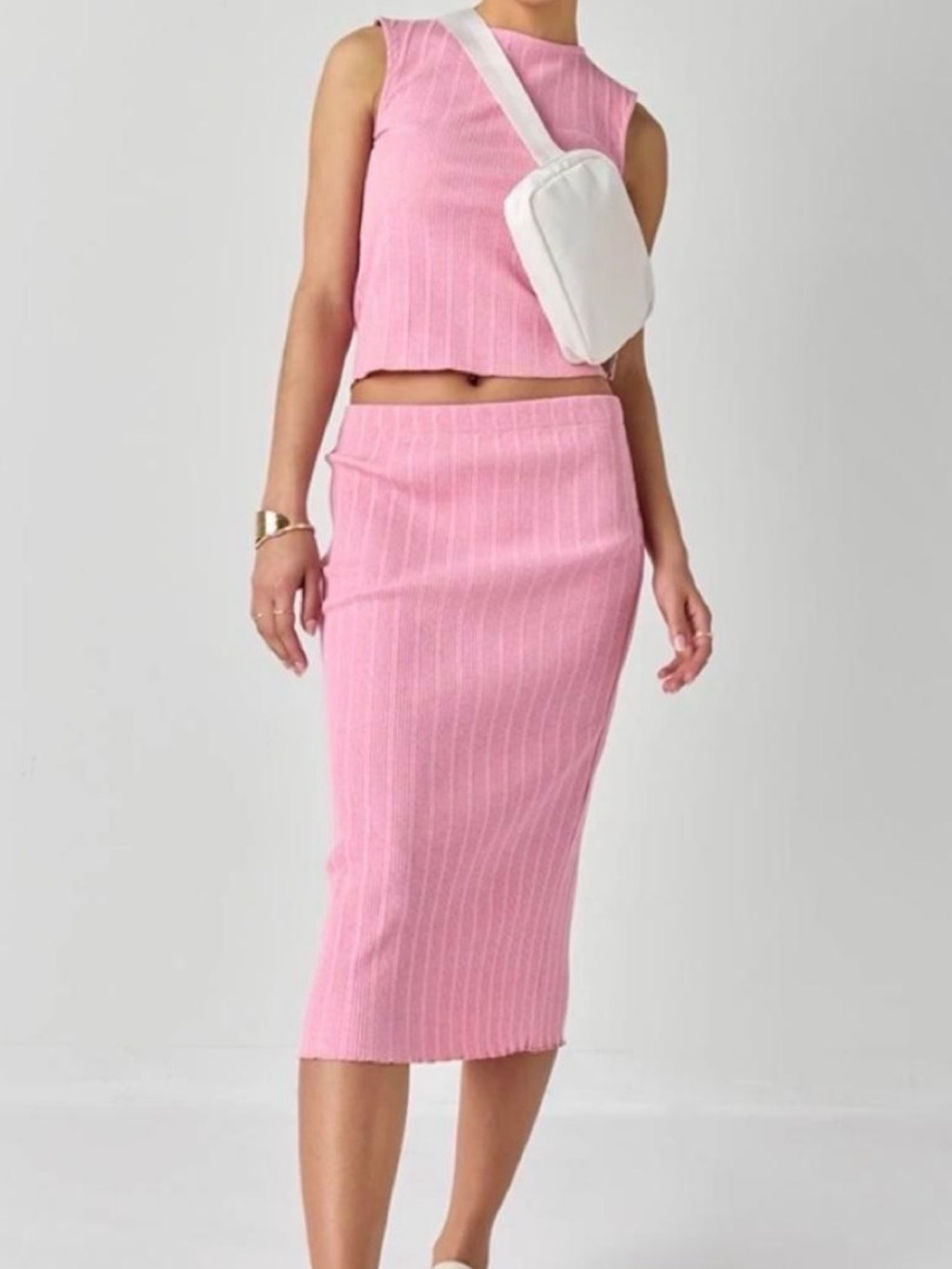 Pink Ribbed Midi Skirt - Stylish Women's 2-piece set